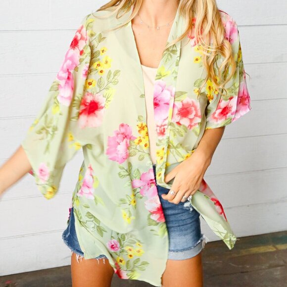 New Sage Floral Print Chiffon Cover Up Kimono  Size Large & 2X - Picture 6 of 8